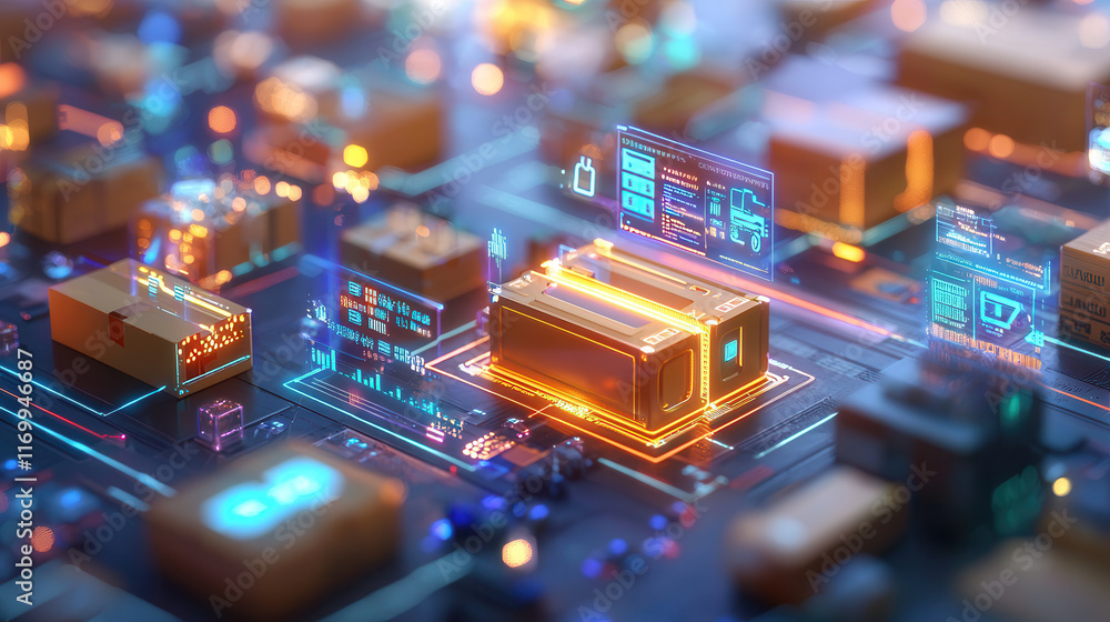 Poster high tech logistics and delivery system with glowing data visuals and packages
