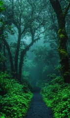 Misty forest path, lush greenery, and towering trees.