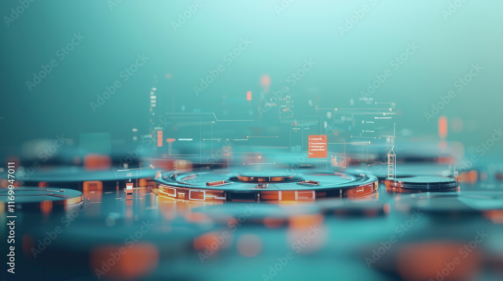 Poster futuristic digital interface with glowing elements and abstract shapes