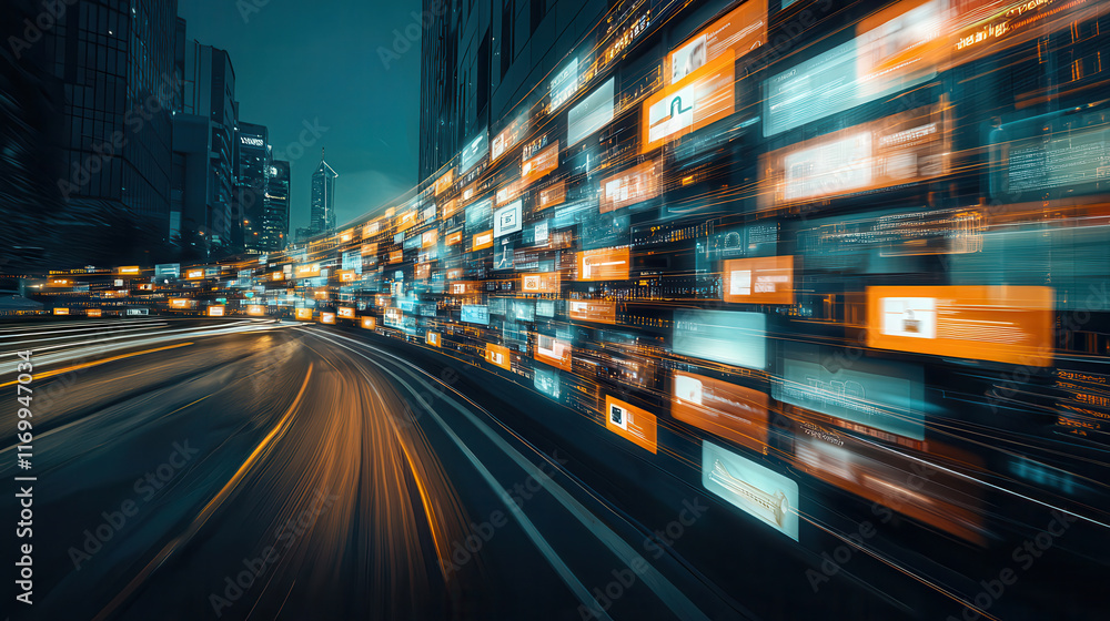 Aufkleber dynamic cityscape with glowing digital interfaces and data streams