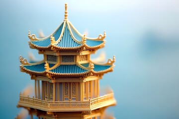 Fototapeta premium Miniature Chinese pagoda with blue roof, intricate details, reflected on surface.