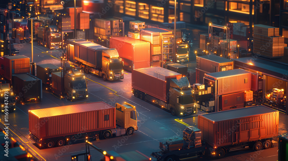 Poster optimized delivery system with trucks and containers in busy port