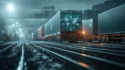 Obraz premium Efficient cargo delivery with scheduling software in rainy environment