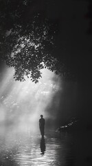 Obraz premium Solitude by the Water: A Serene Black and White Landscape