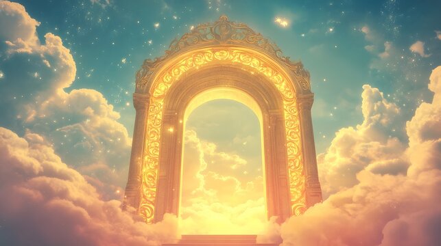 Golden Archway in Heavenly Cloudscape A Celestial Gateway