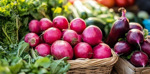 Freshly picked red radishes in a basket with green leafy vegetables in the background.