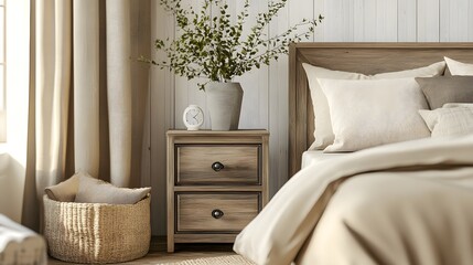 Rustic bedside cabinet near a bed with beige pillows. Farmhouse-style modern bedroom.