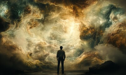 Obraz premium Man standing before surreal, colorful cloudscape.