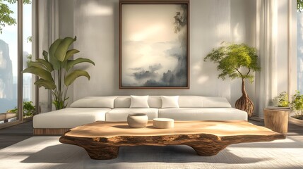 Coastal-themed living room with a live edge coffee table and a large poster frame.
