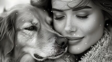 A woman and a Golden Retriever dog pose together outdoors, surrounded by snowflakes in the air, creating a charming winter scene