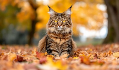 Fototapeta premium Majestic Maine Coon cat amidst autumn leaves. (1)