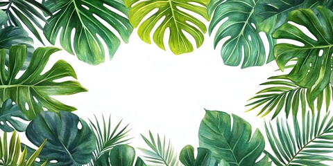 Fototapeta premium Lush tropical leaves frame a white background, perfect for text or design elements.