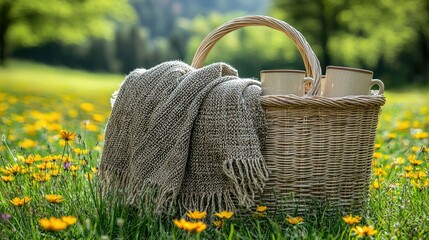 Picnic basket with blanket and mugs in a field of wildflowers.