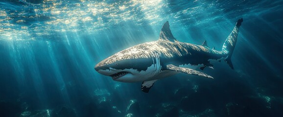 Majestic Great White Shark Underwater in Sunbeams