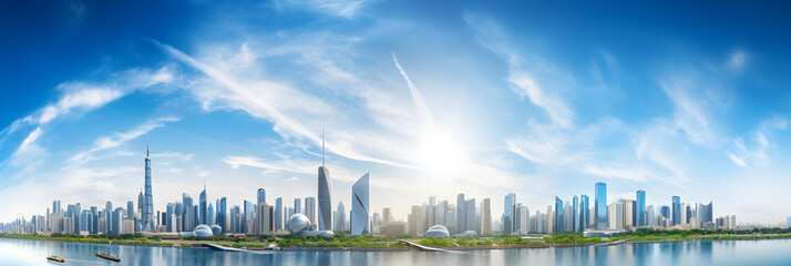 Fototapeta premium Spectacular View of the pulsating GZ Zhujiang New Town Skyline - A Testimony to Urban Modernity and Architectural Splendor