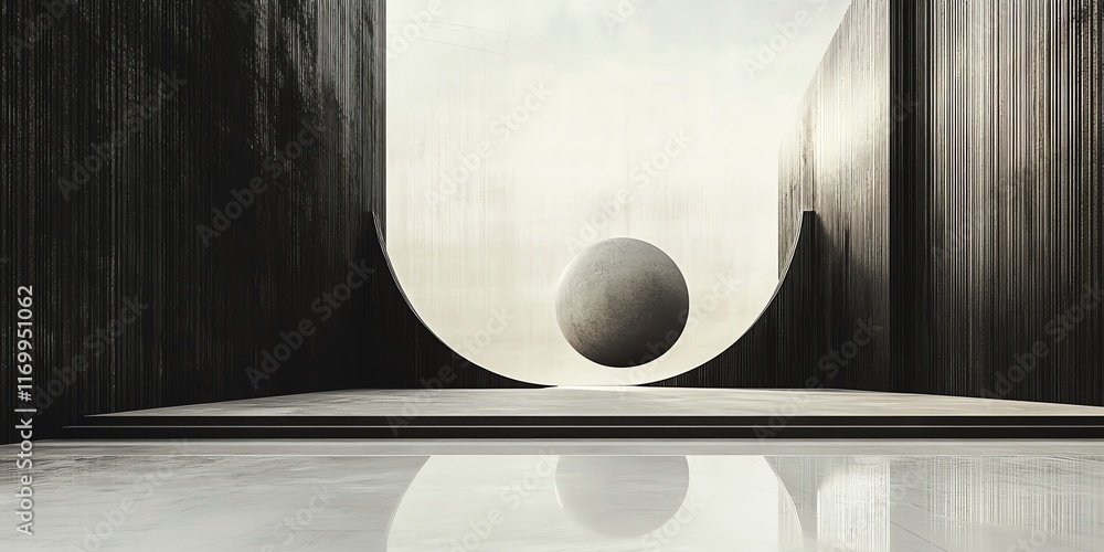 Poster minimalist architectural space with a floating sphere in a light, misty backdrop.