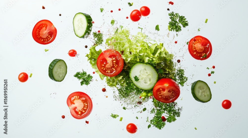 Poster 3d render of various fresh salad ingredients including tomatoes cucumbers lettuce and herbs captured