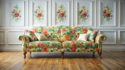 Cozy living room featuring a vintage floral sofa, white wainscoting, and shabby chic farmhouse décor.