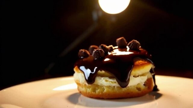 Espresso cronut on a black pedestal, spotlighting chocolate curls and glossy textures with warm indulgent tones