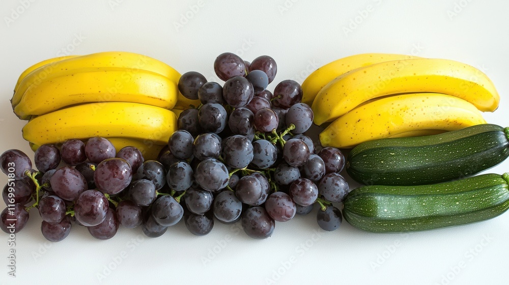 Poster a colorful and appetizing arrangement of various fresh fruits and vegetables including bananas grape