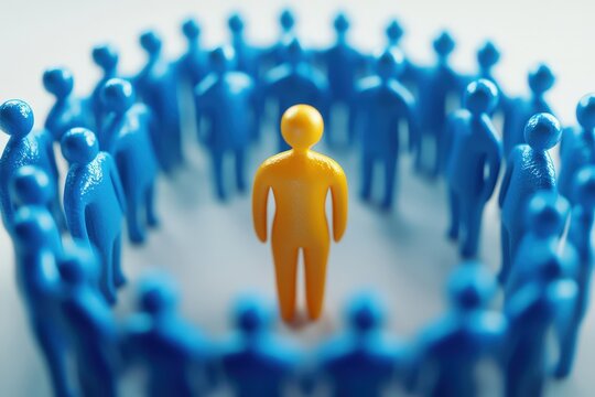 Leader Among Peers: A golden figure stands confidently at the center of a circle of blue figures, symbolizing leadership, unity, and community.  