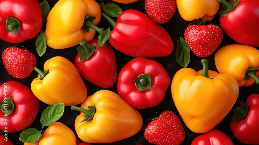 Poster a dynamic 3d arrangement of various colorful fruits and vegetables including peppers strawberries ap