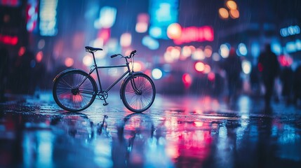 Lonely bicycle in a rainy city night. Reflections on wet pavement.  Vibrant neon lights and people in the background..