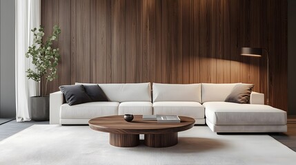 Natural wood coffee table near a white corner sofa against wooden paneling. Modern minimalist living room.
