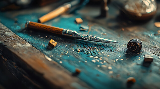 detailed view of woodworking tools on carpentry desk, showcasing knife and wood shavings, creating craftsman’s atmosphere