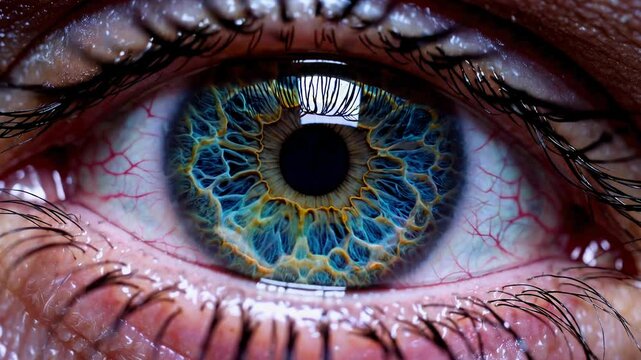 Close-up of a human eye with intricate blue iris patterns, revealing detailed textures and red veins. Vision and perception concept