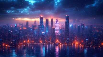 Fototapeta premium Futuristic city skyline at night, illuminated skyscrapers reflected in calm water under a starry sky.