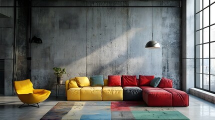 Modern loft living room with multicolored furniture against a concrete wall