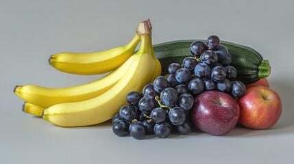 A vibrant and appetizing arrangement of various fresh fruits and produce including juicy grapes ripe bananas and crisp apples showcasing the abundance and versatility of nature s wholesome offerings