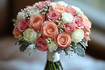 Obraz premium Beautiful bouquet of pink and white roses wrapped in ribbons with pearls, creating a romantic atmosphere for wedding decor.