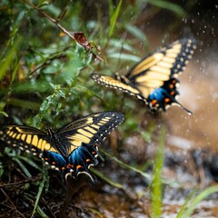 Fototapeta premium Two Yellow Butterflies in Rain Nature Wildlife Closeup