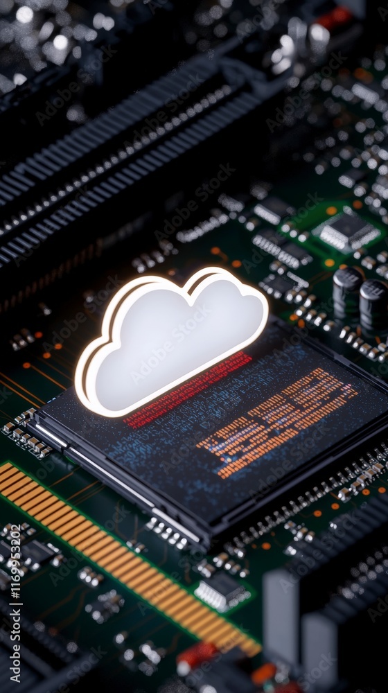 Poster futuristic cloud computing microchip data storage