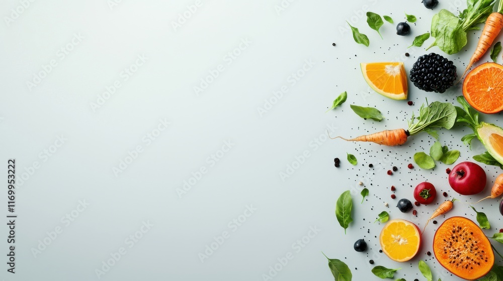Poster a visually appealing top view arrangement of an assortment of colorful and fresh fruits and vegetabl