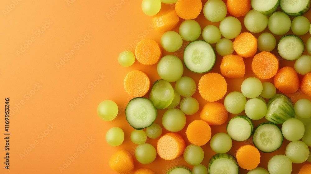 Poster a visually dynamic and artful 3d showcasing an assortment of colorful fruits and vegetables includin