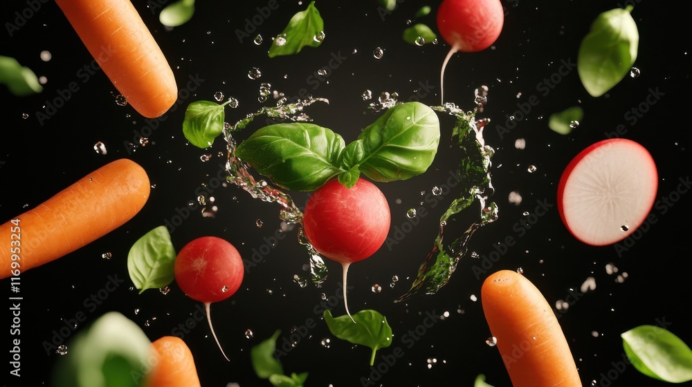 Poster a visually dynamic and colorful 3d render showcasing a vibrant assortment of fresh herbs vegetables 