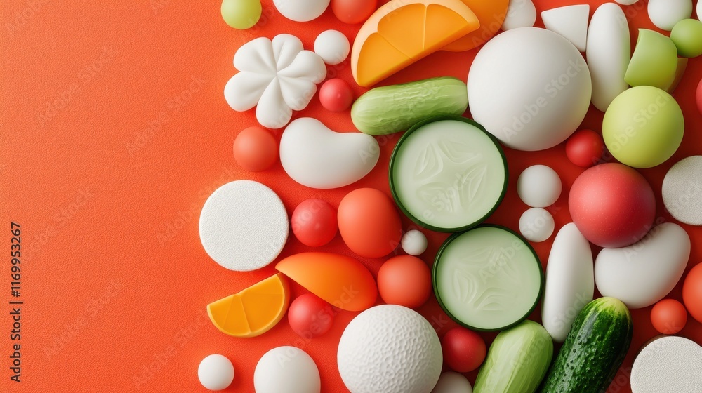 Poster a visually dynamic colorful 3d showcasing a harmonious arrangement of various fresh organic fruits a