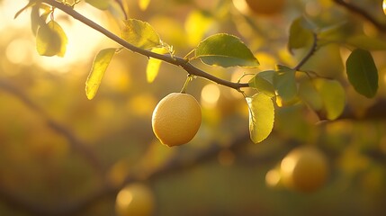 Lemons hanging on a tree branch bathed in golden sunlight.
