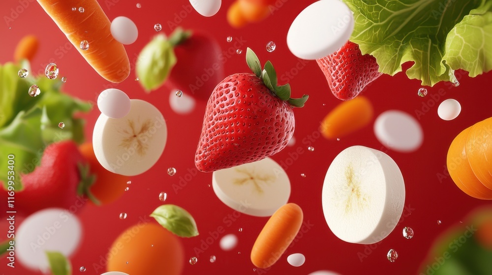 Poster a visually striking and 3d render showcasing a vibrant assortment of fresh produce including strawbe