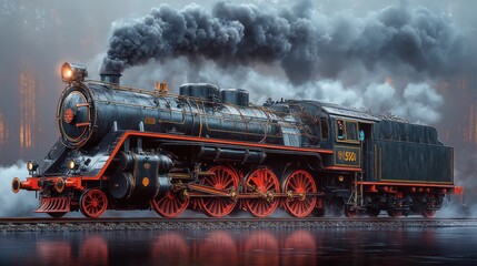 Obraz premium Vintage steam locomotive emitting smoke on tracks.