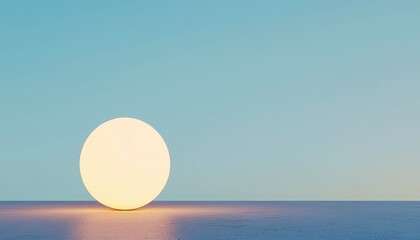 A serene landscape featuring a large, glowing orb resembling a sun, set against a soft blue sky and calm water surface.