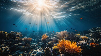 Fototapeta premium Majestic Underwater Scene with Sunlight and Vibrant Coral Reef