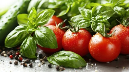 Close up of freshly picked herbs and vegetables including tomatoes basil and peppercorns on a rustic wooden surface  These natural organic ingredients are perfect for healthy cooking gourmet recipes