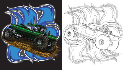 Outline green truck splash, isolated on a black background, for t-shirt design, print, and business purposes.