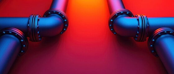 A vibrant abstract image featuring intersecting blue and purple pipes against a red background, creating a striking industrial aesthetic.