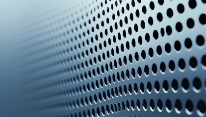 A close-up view of a textured metal surface featuring evenly spaced circular perforations and a gradient blue background.