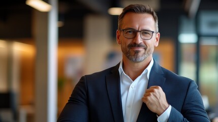 Fototapeta premium Confident businessman with clenched fist placed on his chest, modern office background, strong expression of self-assurance